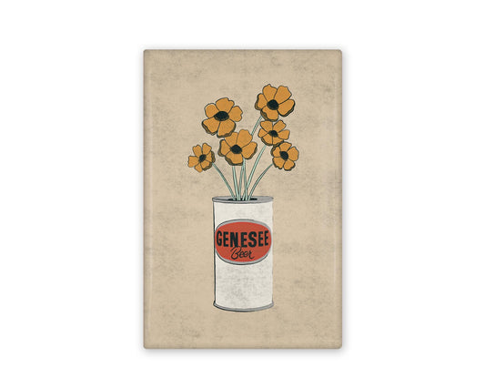 an illustrated refrigerator magnet of a beer can used as a vase to hold flowers. Beside it is the back view of the magnet flipped over.