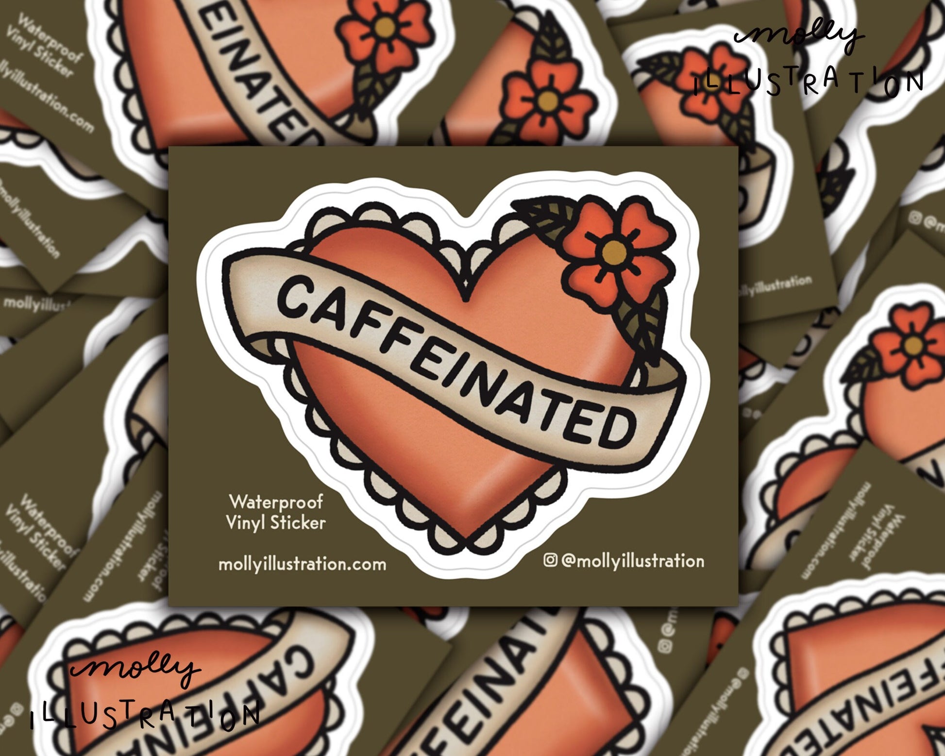 A waterproof kiss cut vinyl sticker that reads “Caffeinated” in a cartoon heart.