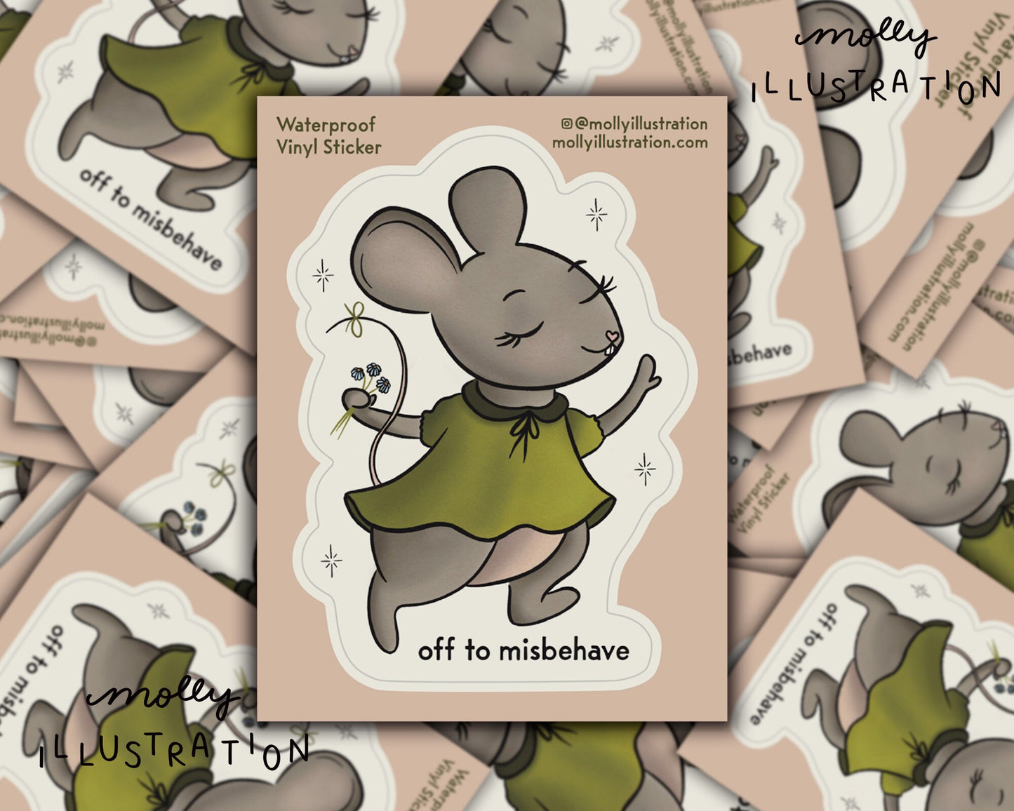 A kiss cut vinyl sticker of a cartoon mouse that reads “Off to misbehave” beneath it.