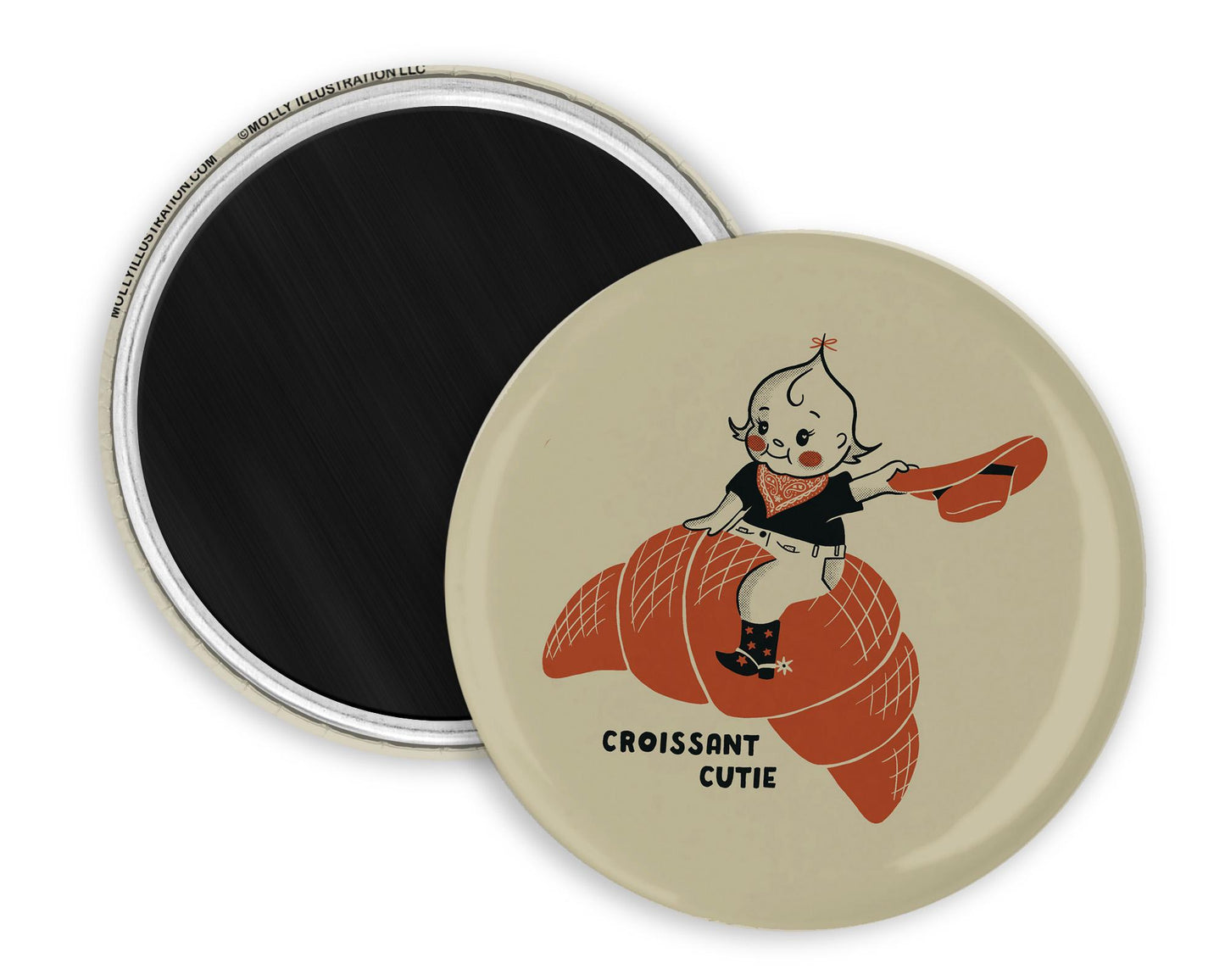 A refrigerator magnet of a cartoon croissant cutie cowgirl. Beside it is the back view of the magnet flipped over.