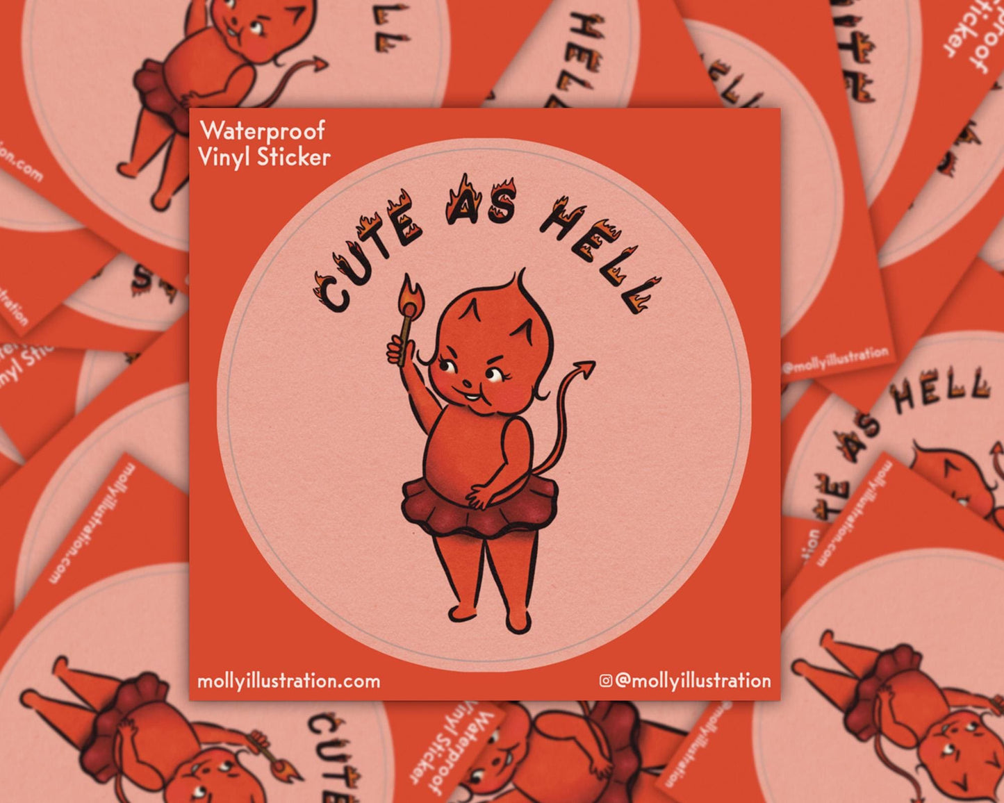 A kiss cut waterproof vinyl sticker of a cartoon red devil baby in a tutu lighting the phrase "cute as hell" on fire with a match