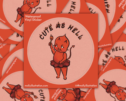 A kiss cut waterproof vinyl sticker of a cartoon red devil baby in a tutu lighting the phrase "cute as hell" on fire with a match