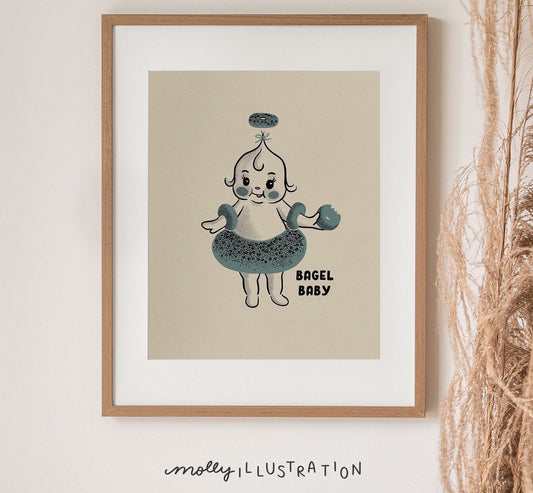 An illustrated art print of a cartoon bagel baby.