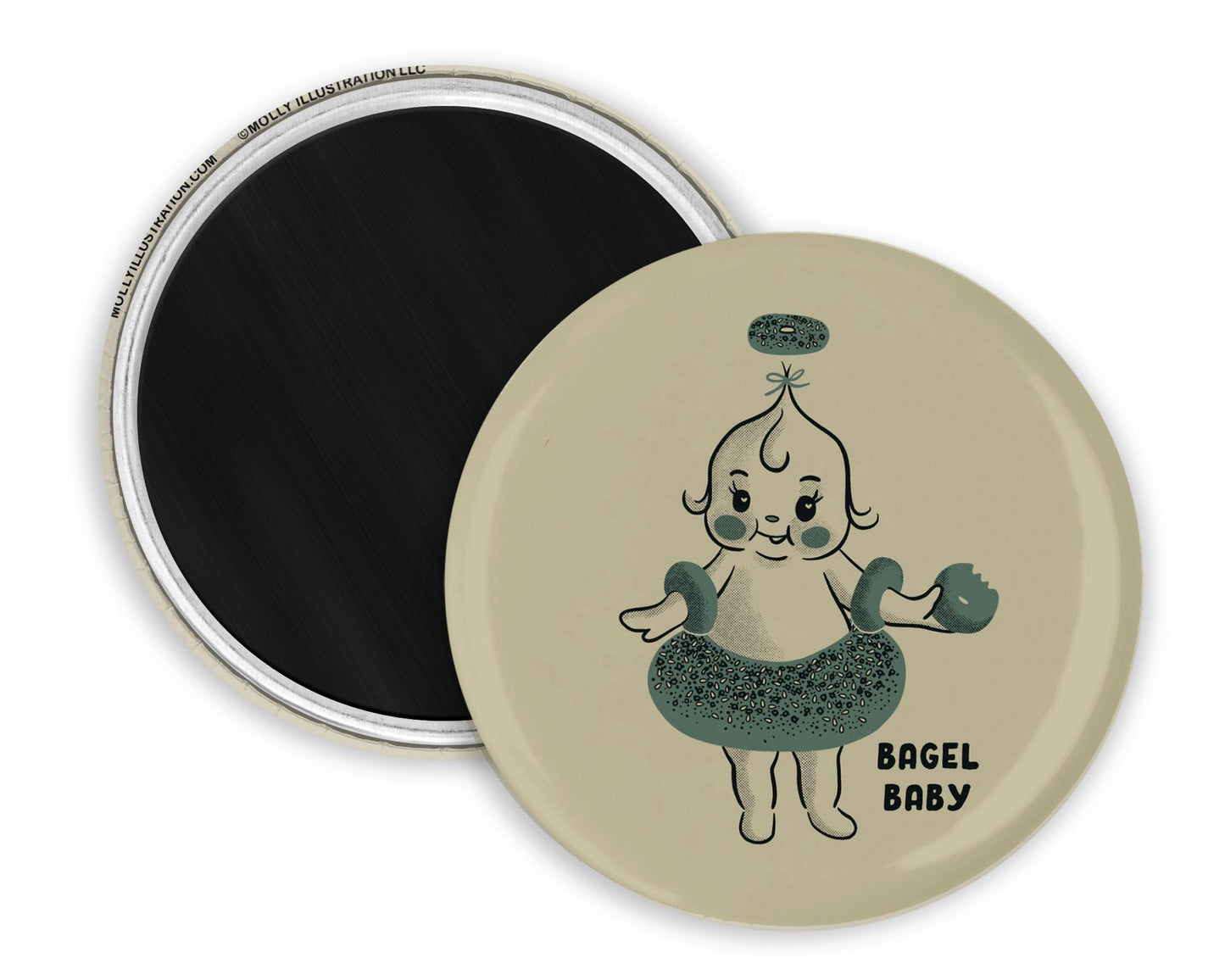 a vintage inspired illustrated magnet of a cartoon bagel baby. The text beside it reads "bagel baby." Beside it is the back view of the magnet flipped over.