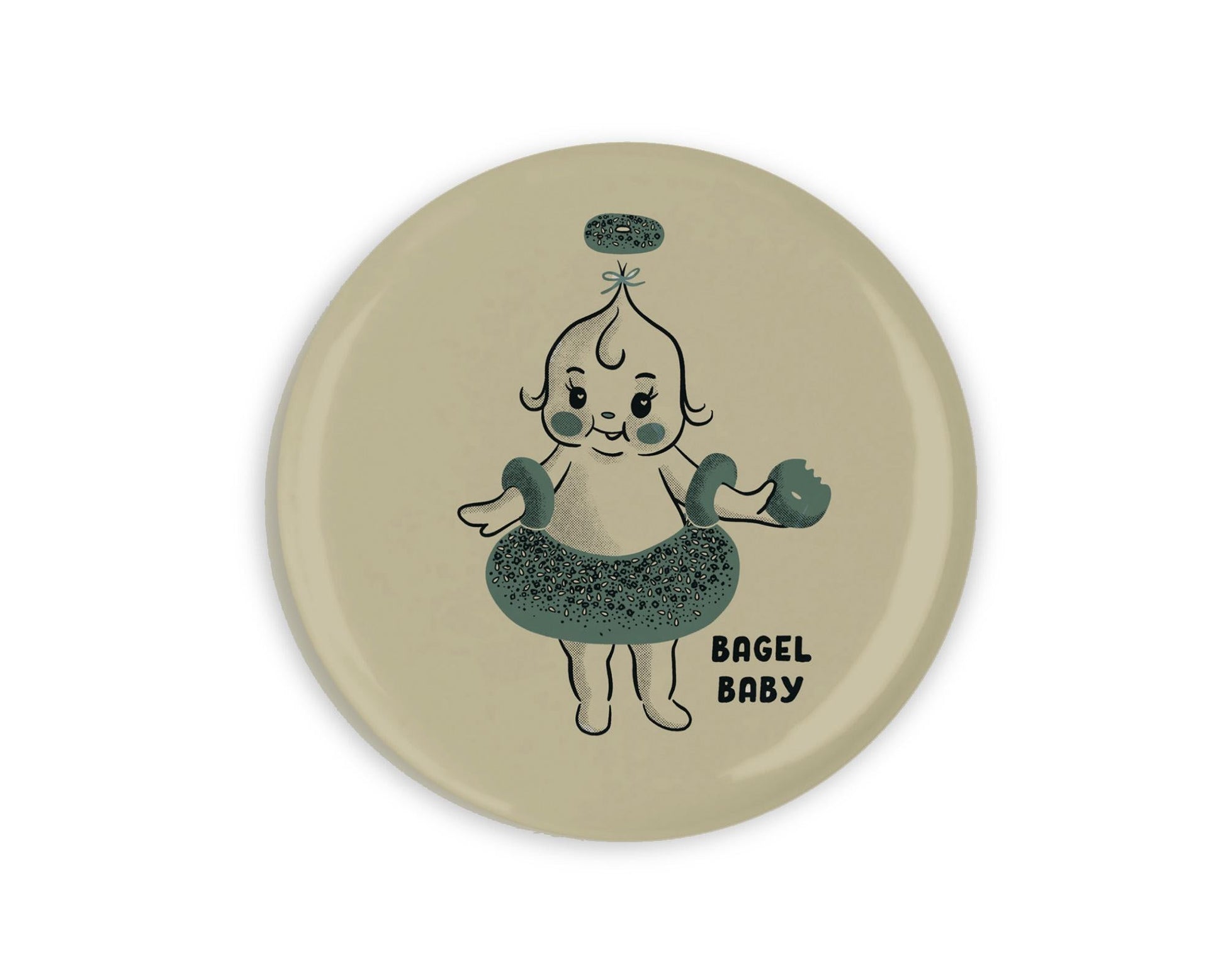 a vintage inspired illustrated magnet of a cartoon bagel baby. The text beside it reads "bagel baby."