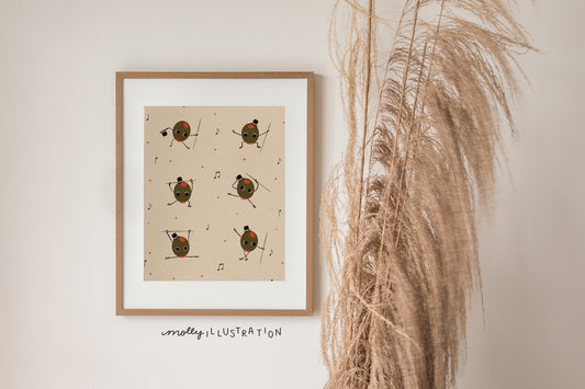 an illustrated art print of six dancing olives with music notes over a tan background