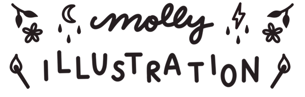 the molly illustration logo that reads "molly illustration"  with decorative motifs around it.