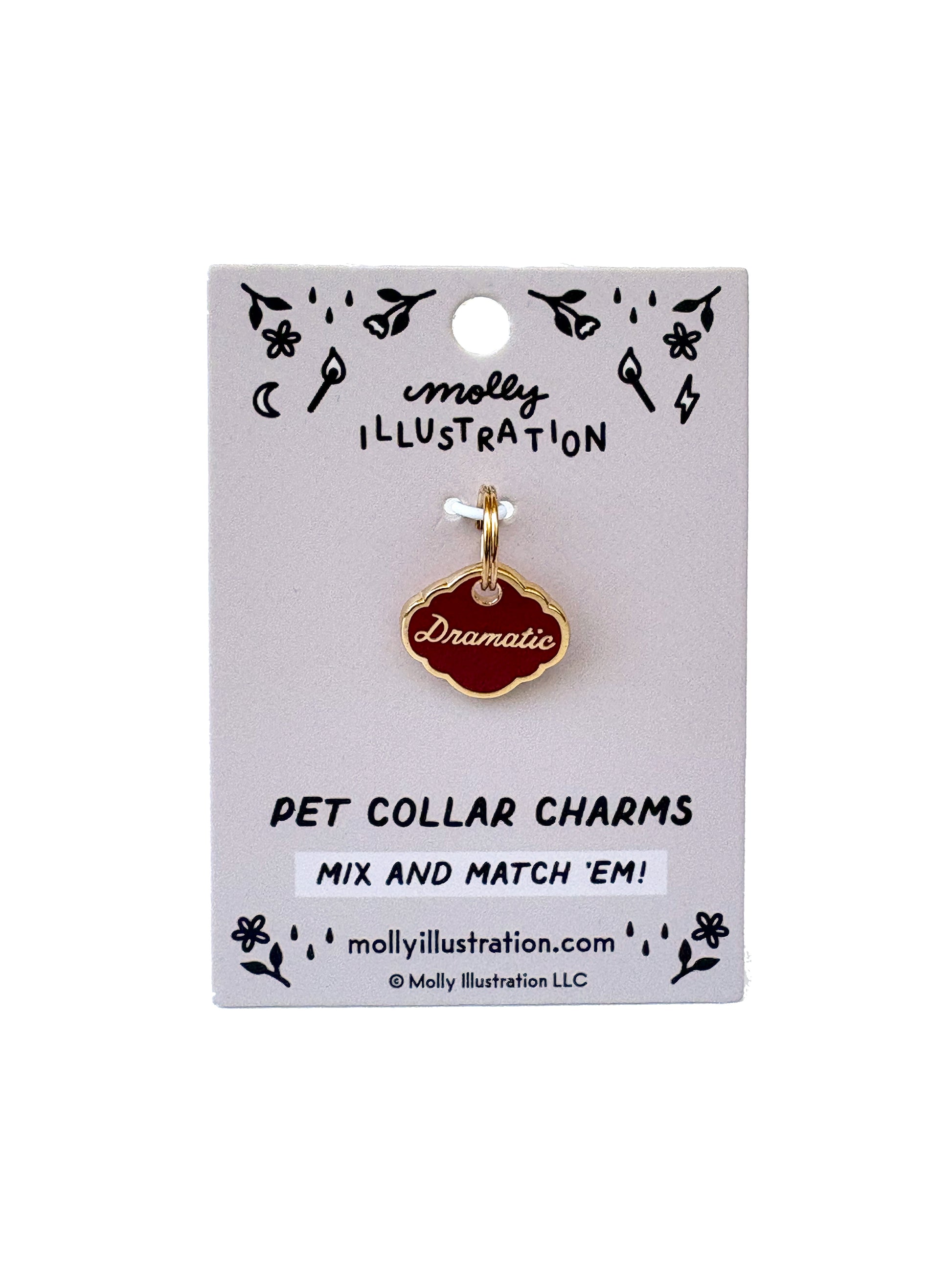 Pet collar charm  that reads "dramatic" on a Molly Illustration branded card with decorative elements.