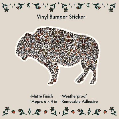 a waterproof vinyl bumper sticker of an illustrated floral buffalo
Item Details listed below:
- Matte Finish
-apprx 6x4 inches
- Weatherproof
- Removable adhesive