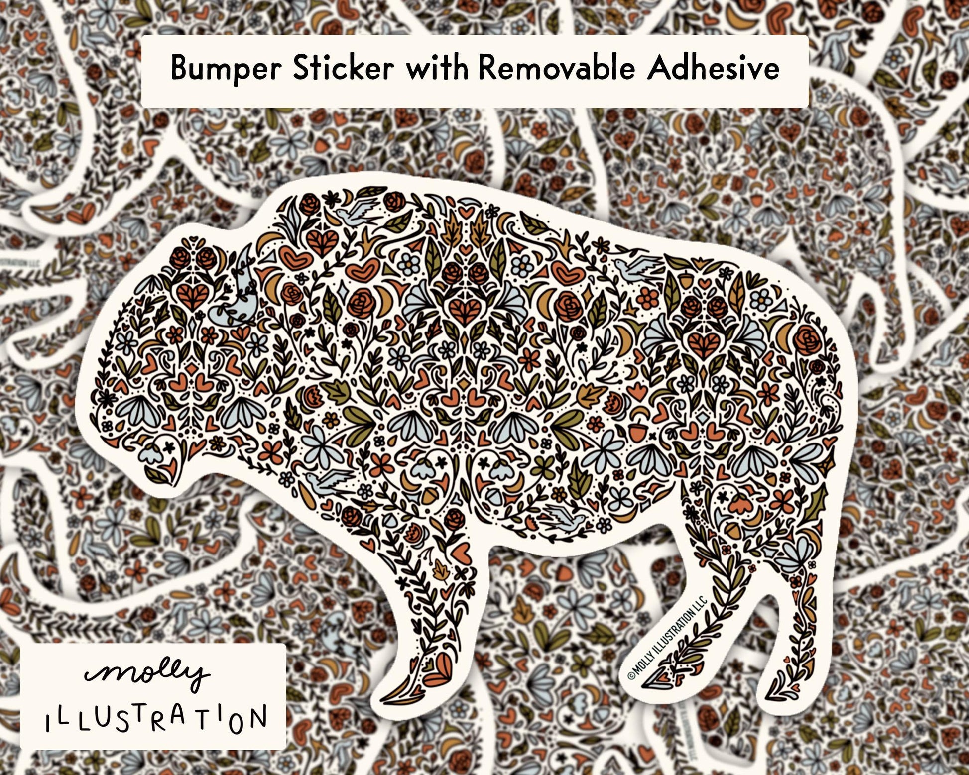 a waterproof vinyl bumper sticker of an illustrated floral buffalo
image reads: Bumper sticker with removable adhesive