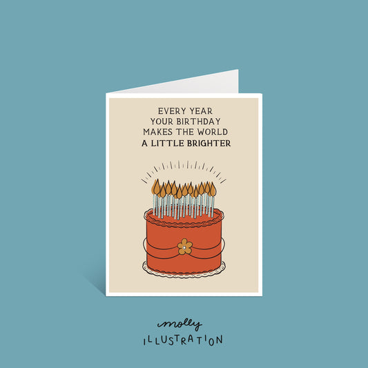 an illustrated greeting card that reads "every year your birthday makes the world a little brighter" above a red birthday cake covered in lit candles