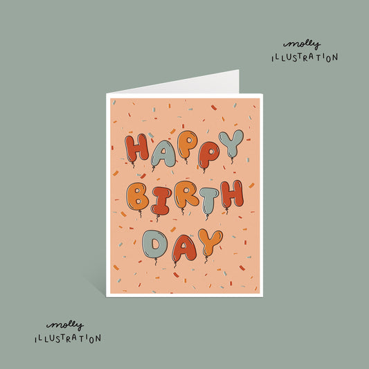 an illustrated greeting card that reads "happy birthday" spelled out in balloon letters.