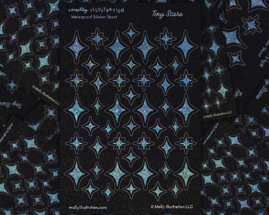 Holographic rainbow glitter Sticker sheet with blue star patterns on a black background, featuring Molly Illustration branding.