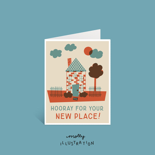 an illustrated vertical greeting card that shows a red and blue house scene. it reads "hooray for your new place!"