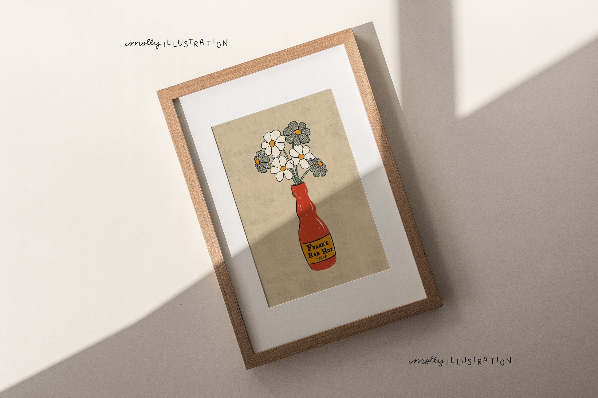 an illustrated art print of a frank's red hot sauce bottle that has daisies in it.