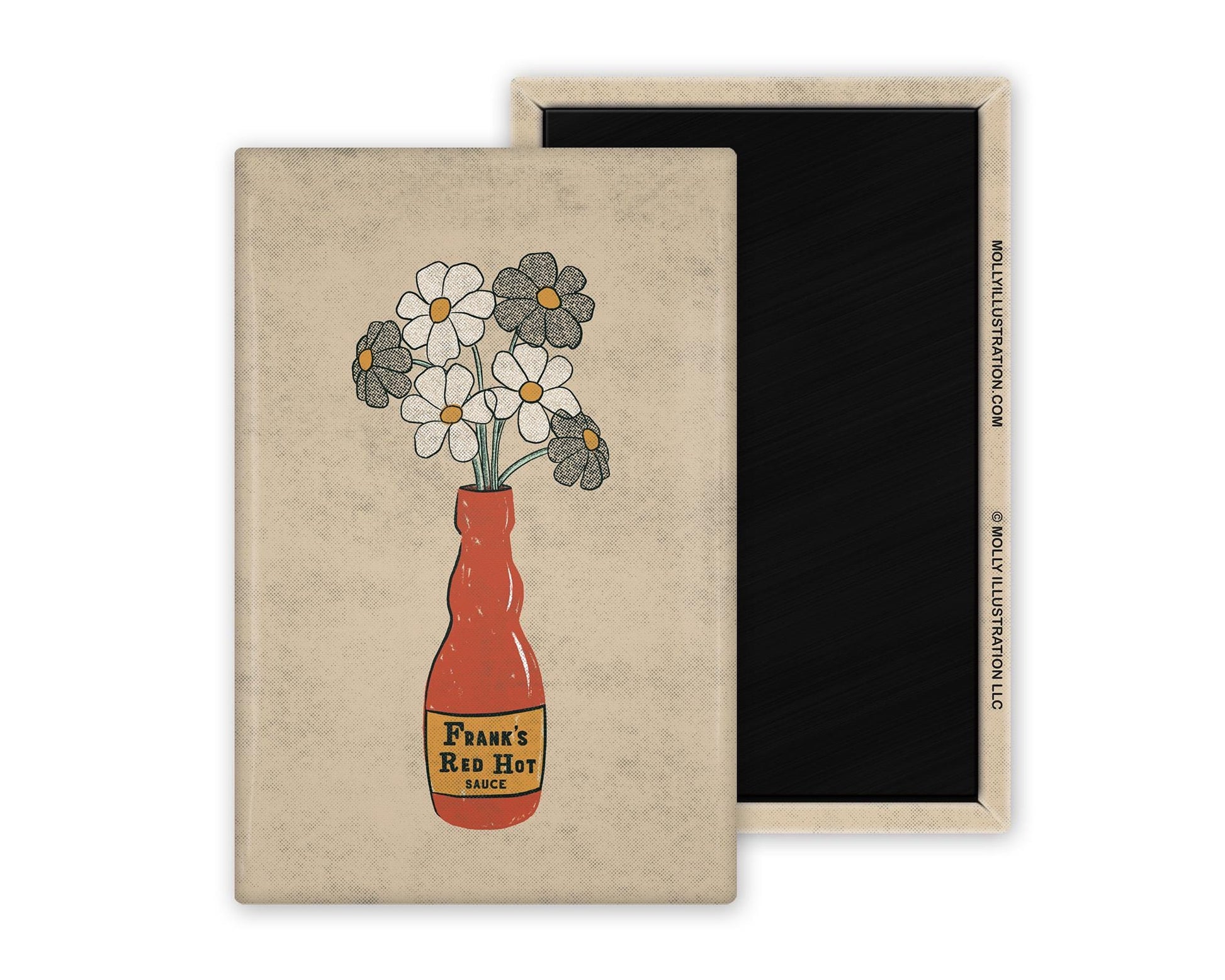 a rectangular illustrated refrigerator magnet of a frank's red hot sauce bottle that has daisies in it. Beside it is the back view of the magnet flipped over.