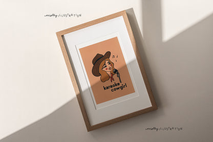 an art print of a cartoon cowgirl singing into a microphone. beneath her reads "karaoke cowgirl"