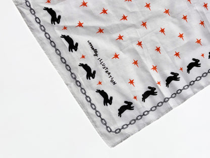A white square bandana featuring a pattern of black rabbit silhouettes, red stars, and a gray chain border, with the text 'molly  illustration' printed on it.