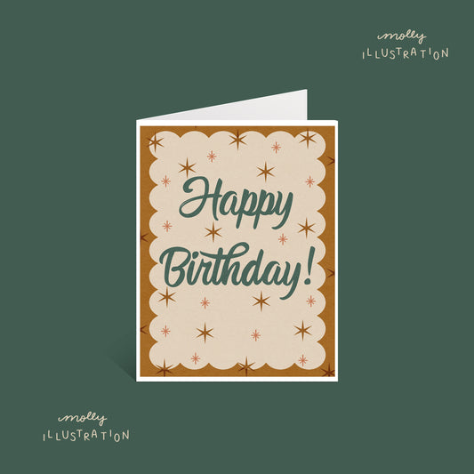 An illustrated greeting card that reads "Happy Birthday!" in script writing surrounded by dark gold sparkles.