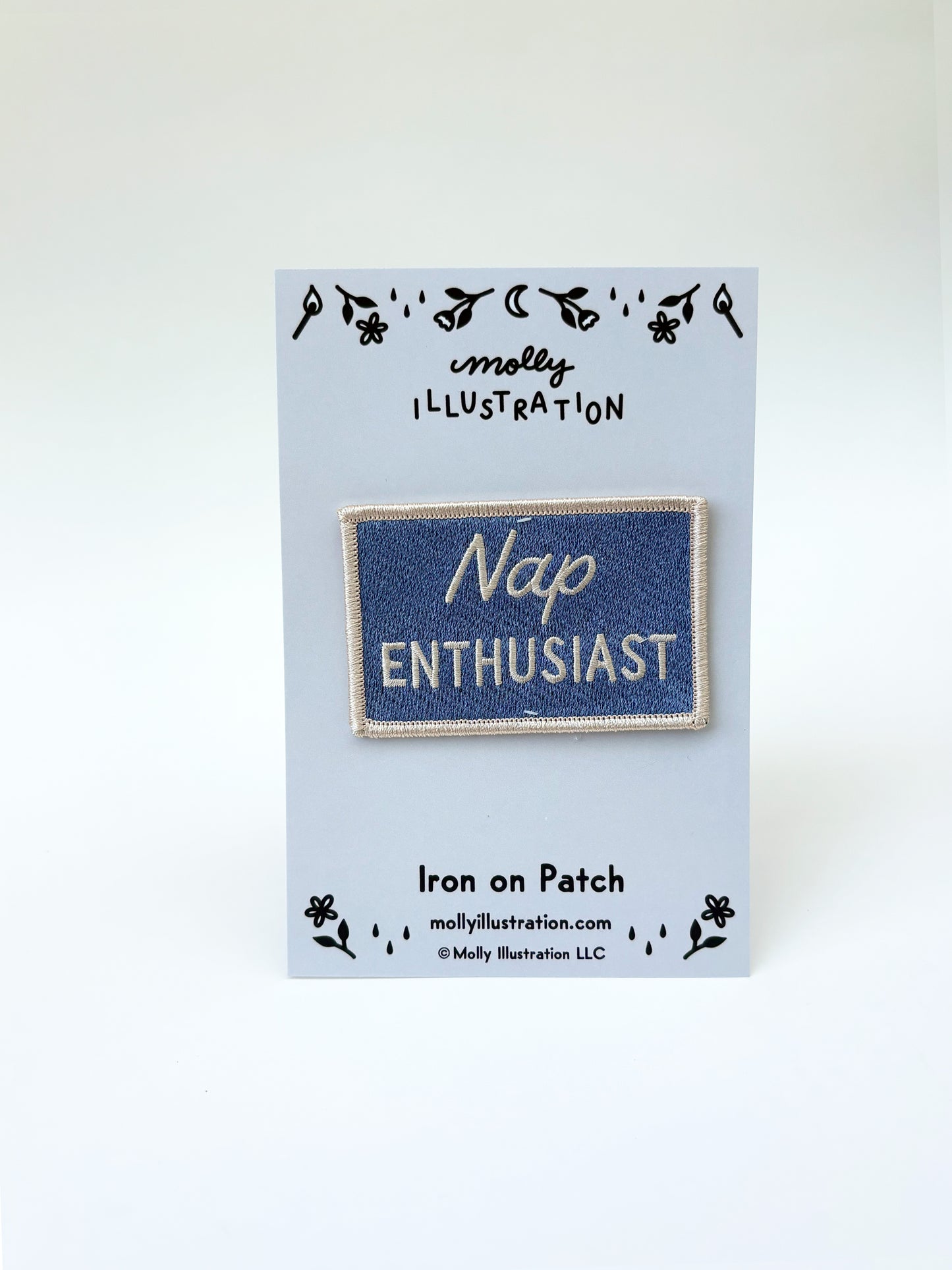 Nap Enthusiast patch on a card with 'molly illustration' branding.