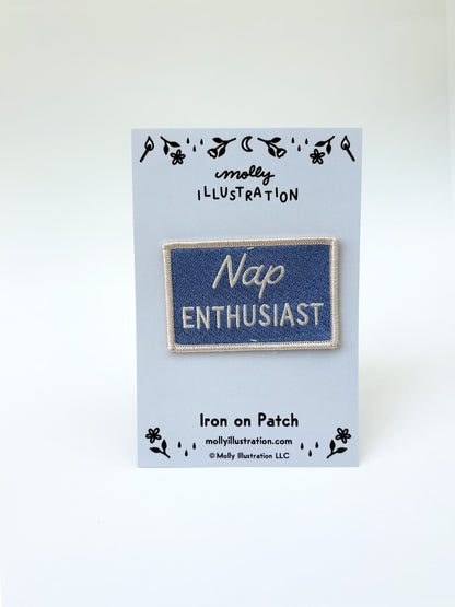 Nap Enthusiast patch on a card with 'molly illustration' branding.