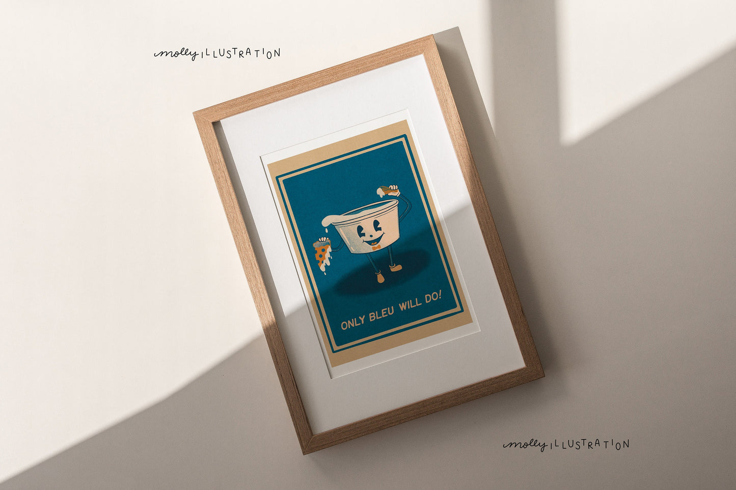 An art print of an illustrated bleu cheese container. beside it reads "only bleu will do!"