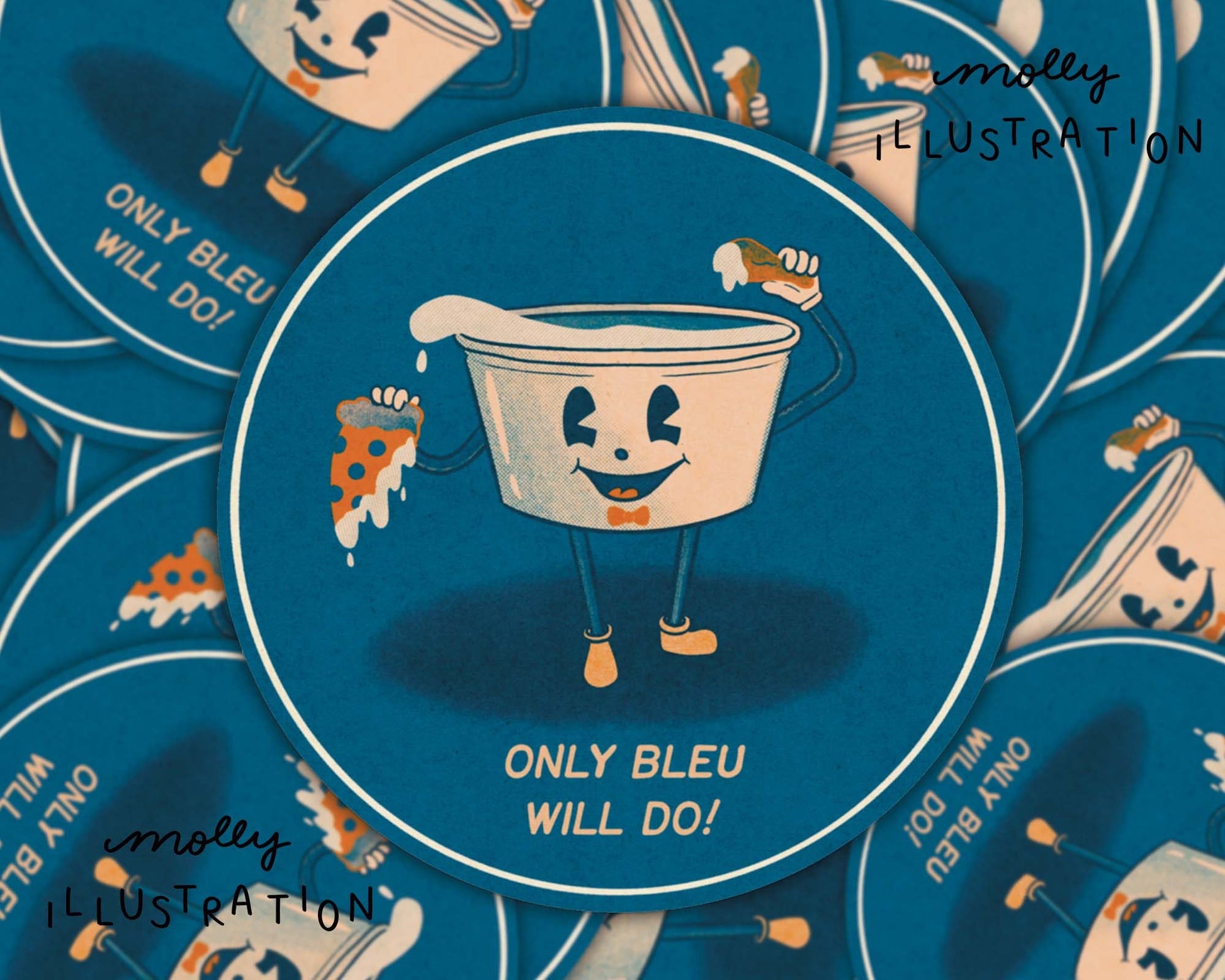 a round, blue waterproof vinyl sticker of an illustrated container of bleu cheese holding a chicken wing and slice of pizza. Beneath it reads “Only Bleu Will do!”