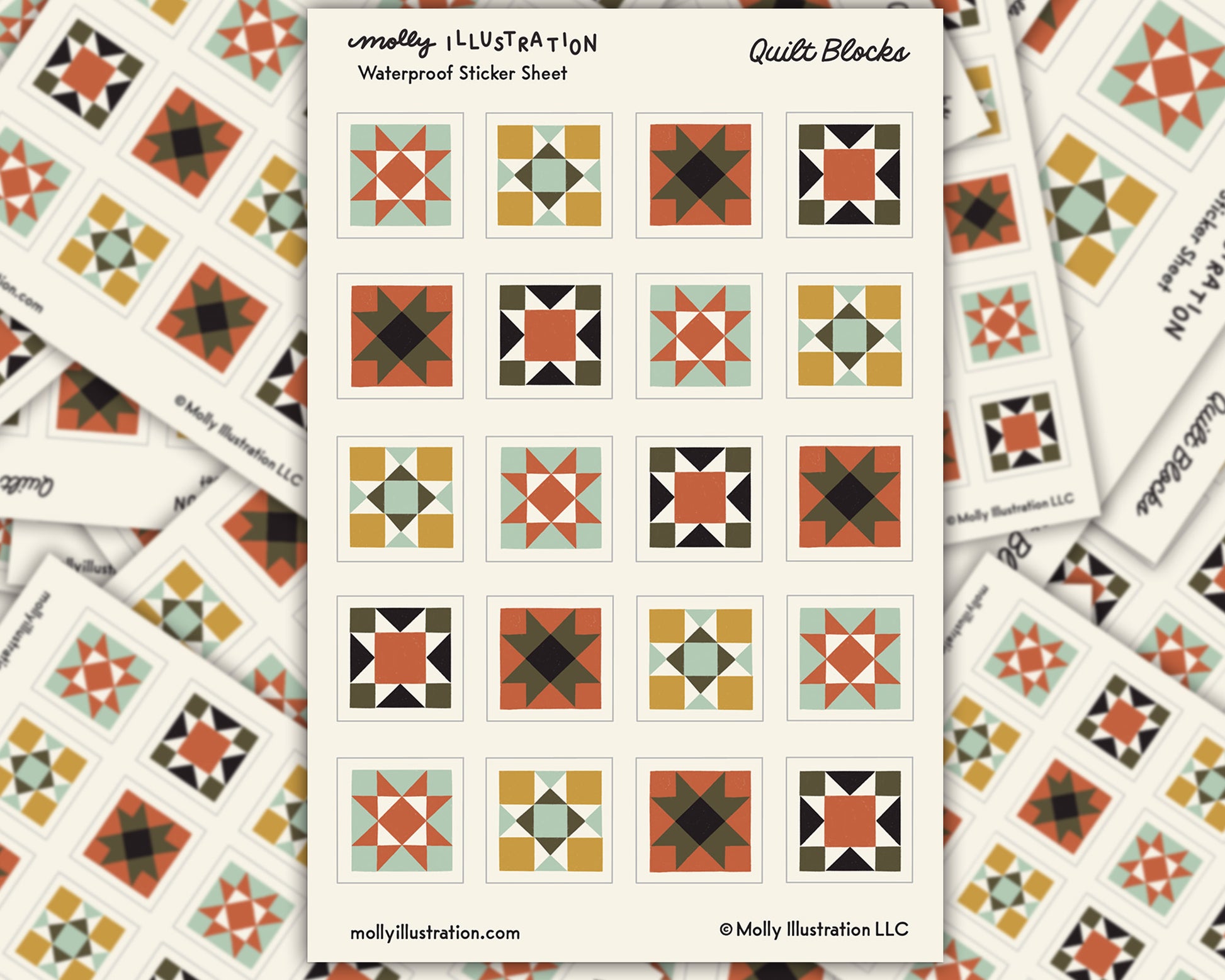 A geometric quilt block illustrated sticker sheet