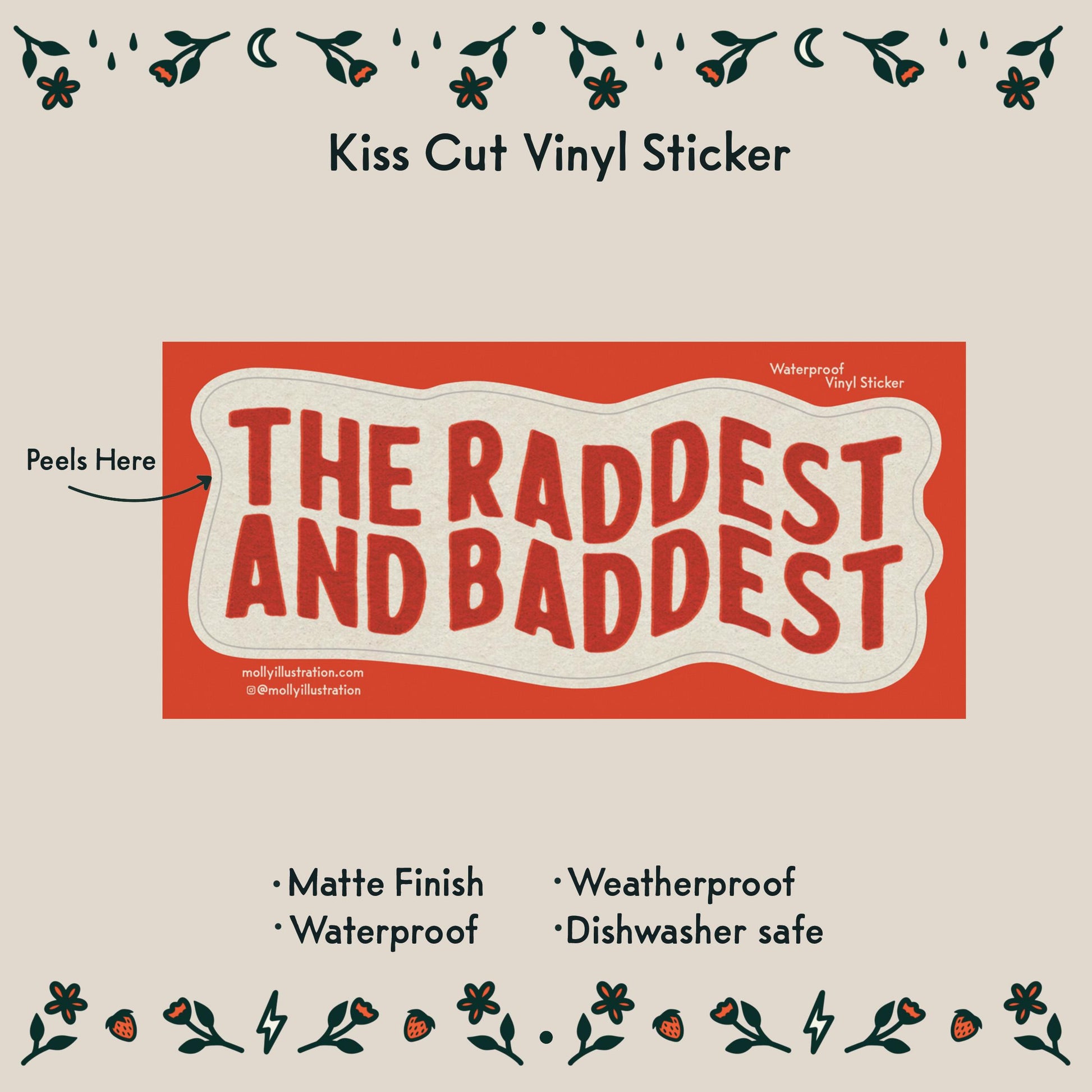 A red and white kiss cut vinyl sticker that reads "the raddest and baddest."
listed item details: - Matte Finish
- Waterproof
- Weatherproof
- Dishwasher safe