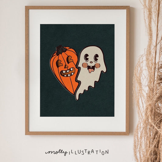 An illustrated art print of a cartoon heart that is half jack o’ lantern and Half ghost over a dark green background.