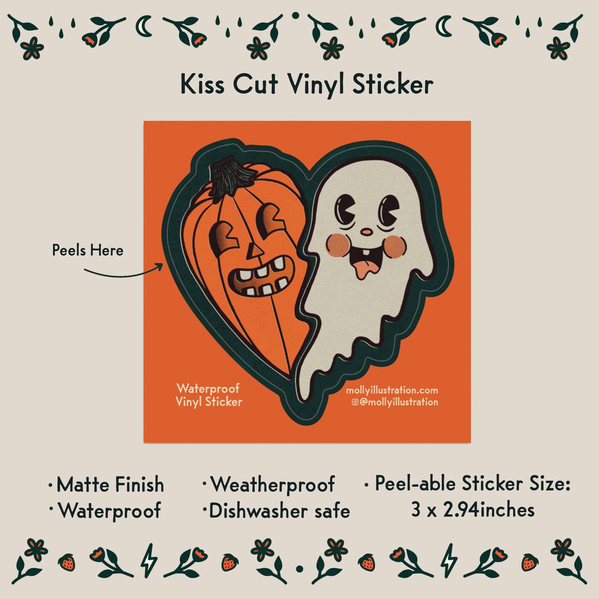 a heart shaped vinyl waterproof sticker that is one half jack o lantern and one half ghost.
Item Details listed below:
- Peelable Sticker Size: 3 x 2.94 inches
- Matte Finish
- Waterproof
- Weatherproof
- Dishwasher safe