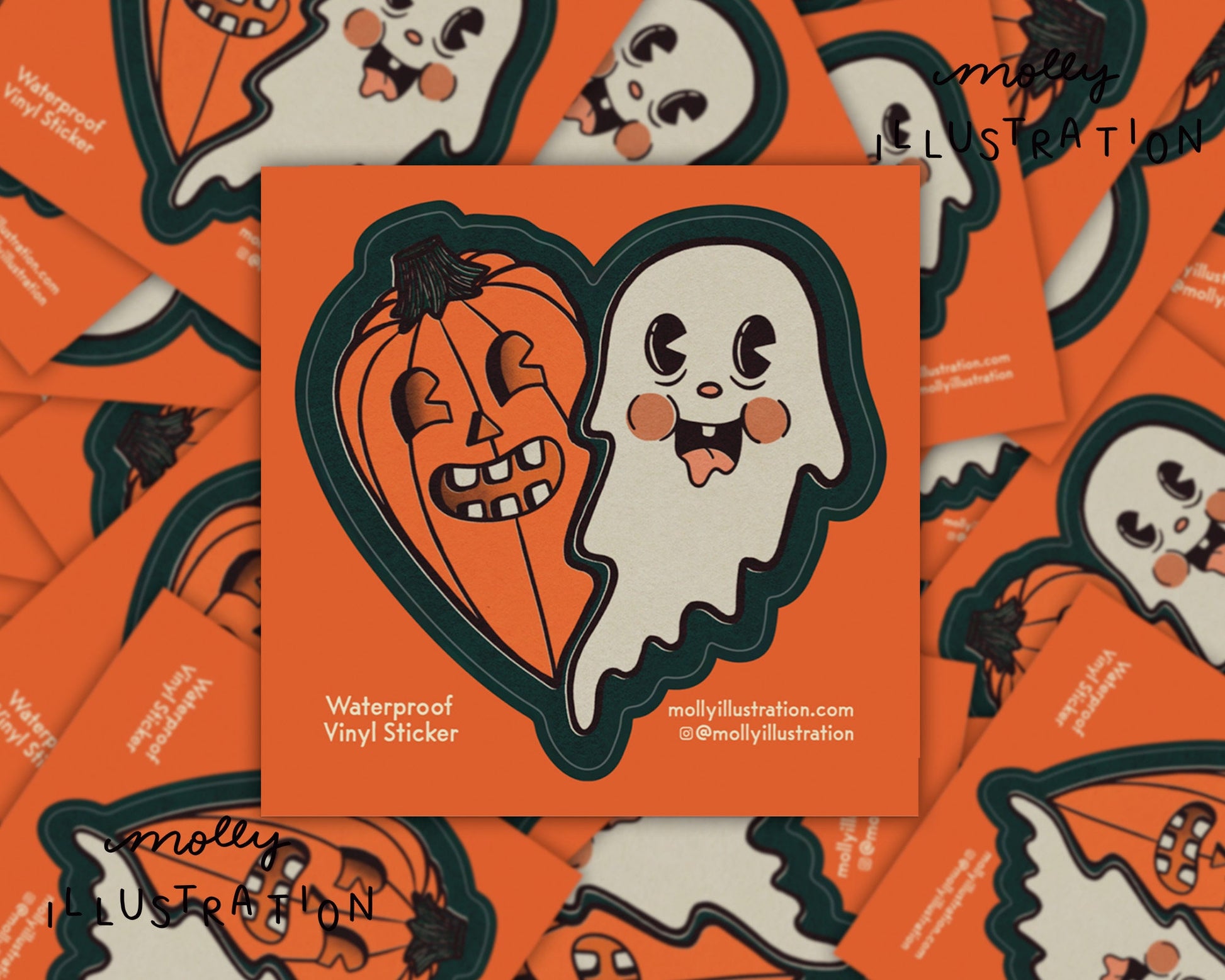 a heart shaped vinyl waterproof sticker that is one half jack o lantern and one half ghost.