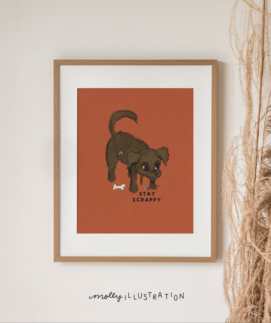 Framed illustration of a dog with text on a red background, hanging on a wall.