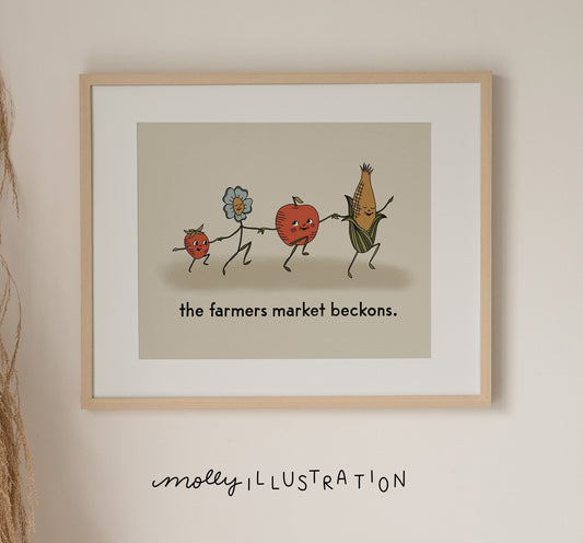 Framed illustration of fruits and veggies that reads "the farmers market beckons" on a wall.