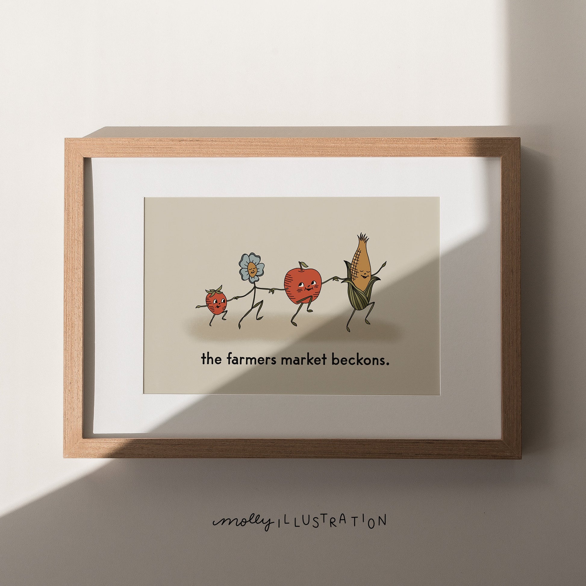 Framed illustration of cartoon fruits and vegetables on a beige background