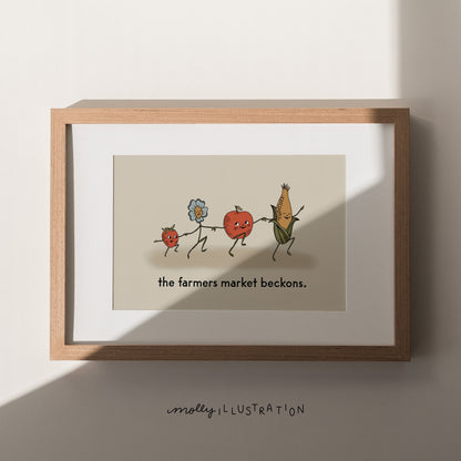 Framed illustration of cartoon fruits and vegetables on a beige background