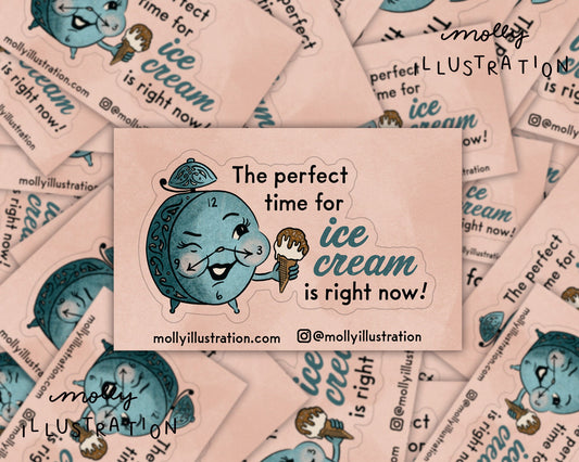 an illustrated waterproof kiss cut vinyl sticker of an alarm clock holding an ice cream cone and text that reads "the perfect time for ice cream is right now!" 