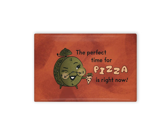 a red and green illustrated refrigerator magnet of an alarm clock holding a slice of pizza and text that reads "the perfect time for pizza is right now!"