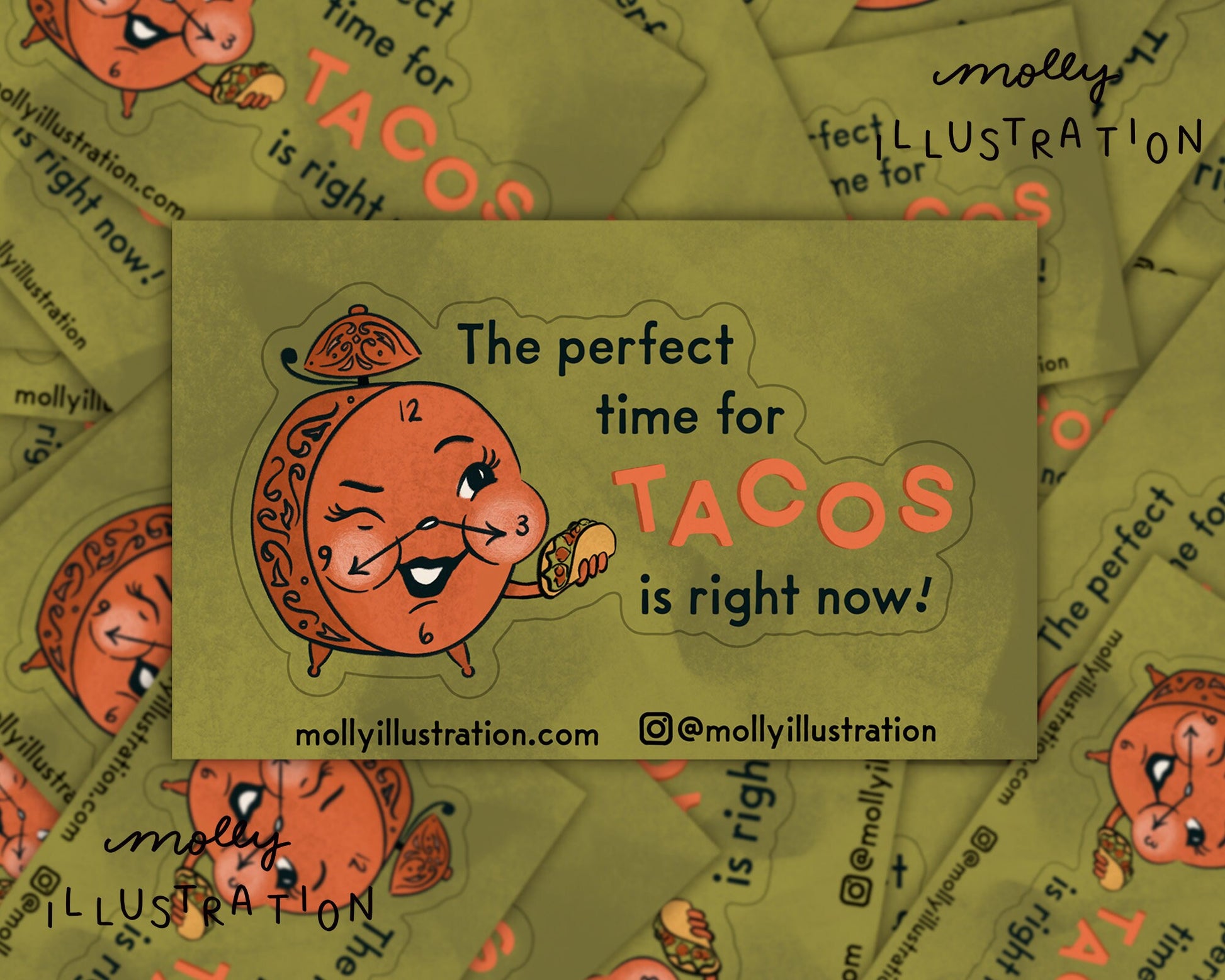 an illustrated waterproof vinyl sticker of an alarm clock holding a taco and text that reads "the perfect time for tacos is right now!" 