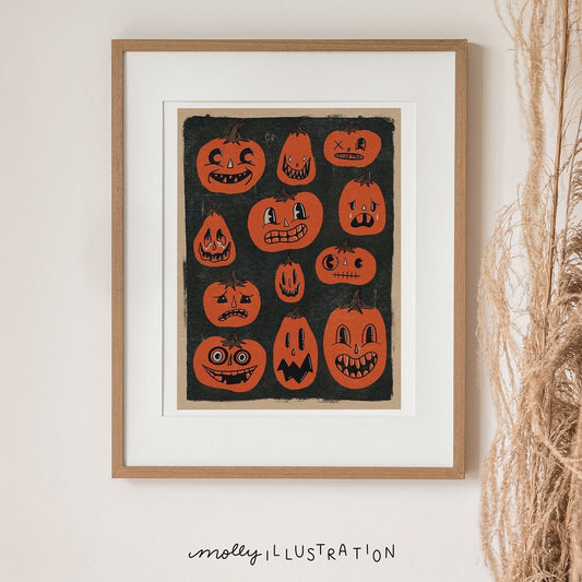 an illustrated art print of vintage inspired jack o lantern illustrations. there are twelve orange pumpkins over a dark grey black background