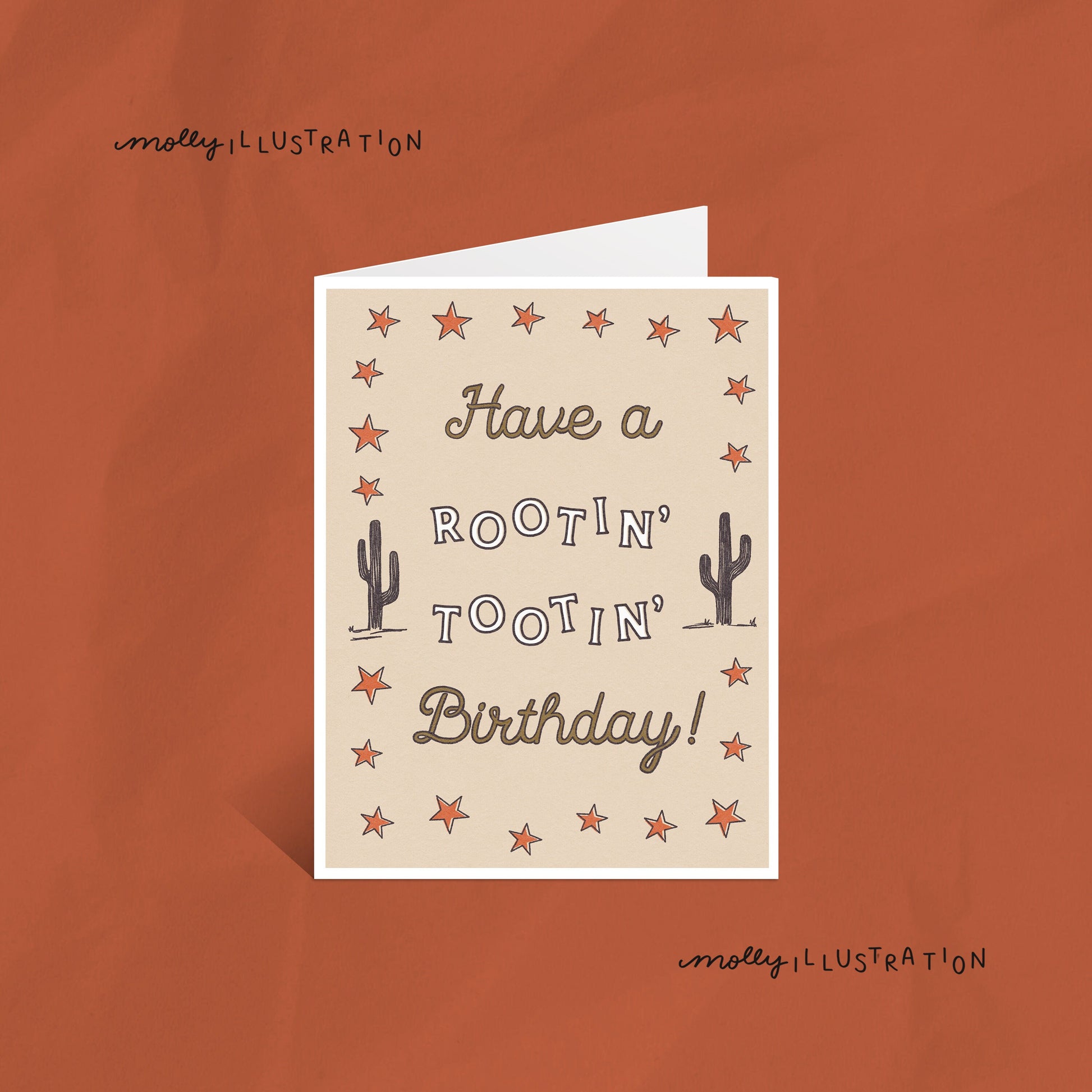 an illustrated western greeting card that reads "Have a Rootin Tootin Birthday!" surrounded by red stars and two cacti.