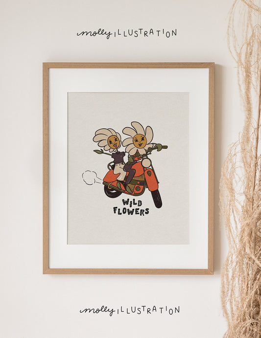 An illustrated art print of two wild flower characters riding a motorcycle.