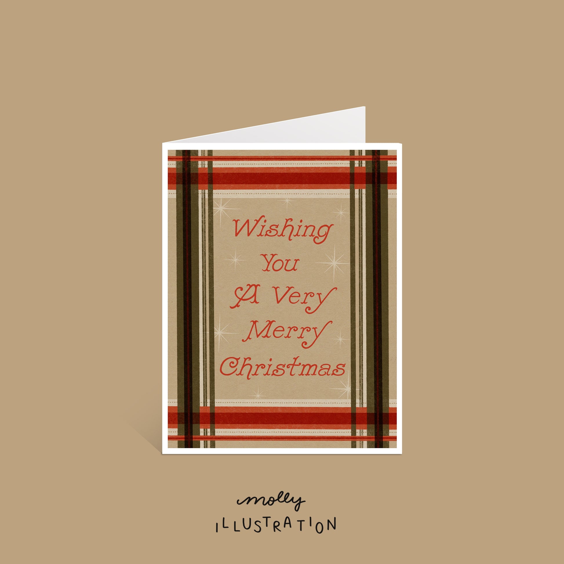 an illustrated greeting card that reads "wishing you a very merry christmas" with a plaid tan, red and green background.