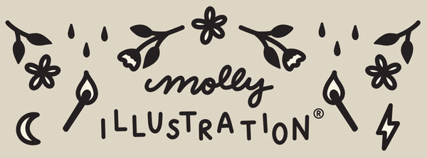 A centered black decorative logo or title reading 'molly ILLUSTRATION' with floral, leaf, moon, lightning, and match motifs on a warm beige background.